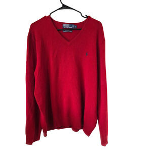 Polo Ralph Lauren Mens Wool V-Neck Sweater Size Large Red Preppy Workwear